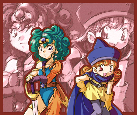 alena (dq4), heroine (dq4), chunsoft, dragon quest, dragon quest iv, enix, lowres, 2girls, :d, asymmetrical clothes, belt, bent over, blue eyes, blush, cape, circlet, curly hair, dress, earrings, flat chest, gem, gloves, green hair, hand on own hip, hat, jewelry, leotard, long hair, multiple girls, open mouth, orange hair, pantyhose, red eyes, red hair, short dress, short hair, skirt, smile, standing, sword, thigh strap, weapon, yellow skirt, zoom layer