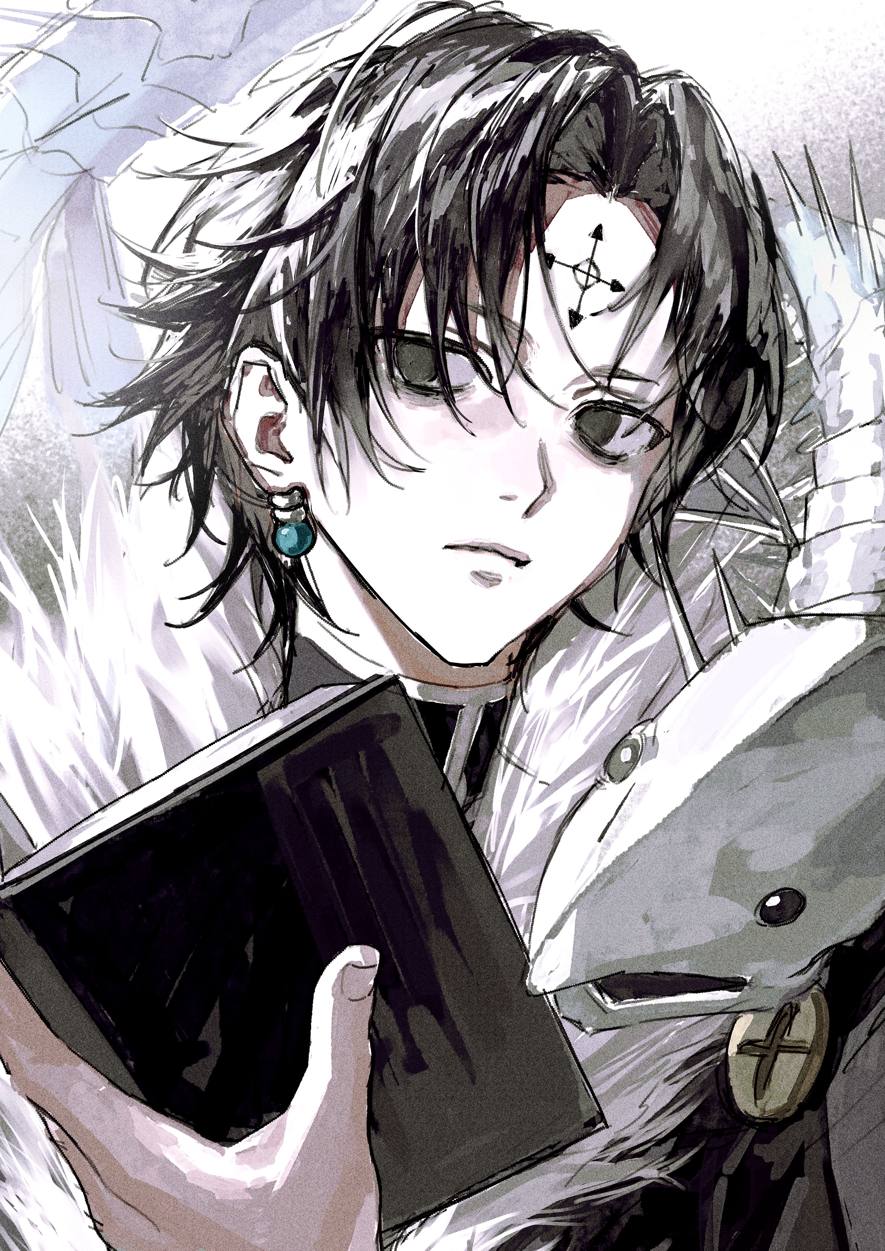 333takoyaki, chrollo lucilfer, hunter x hunter, absurdres, commentary request, highres, 1boy, black eyes, black hair, book, closed mouth, earrings, forehead tattoo, fur collar, hair between eyes, holding, holding book, indoor fish, jewelry, male focus, simple background, solo, spikes, tattoo, upper body