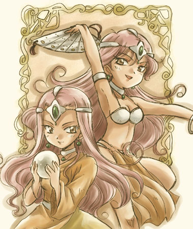 manya (dq4), minea (dq4), chunsoft, dragon quest, dragon quest iv, enix, lowres, 2girls, bikini, bikini top only, breasts, circlet, cleavage, crystal ball, dark-skinned female, dark skin, dress, folding fan, hand fan, hat, long hair, multiple girls, pelvic curtain, purple eyes, purple hair, siblings, sisters, swimsuit