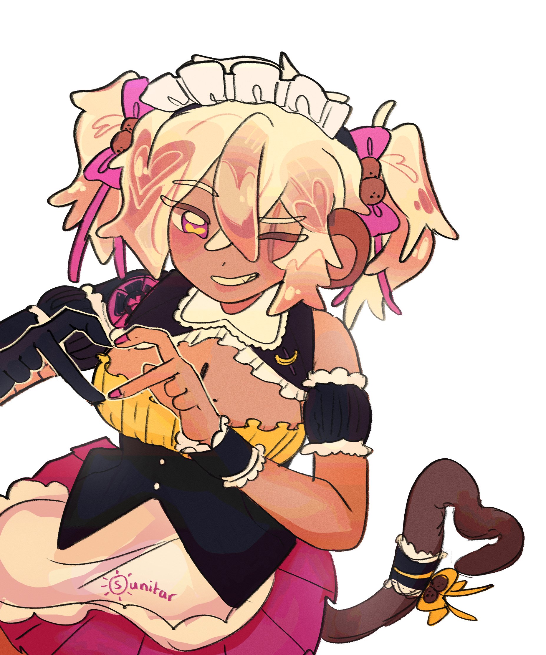 koko d. nuts, indie virtual youtuber, commentary, english commentary, highres, 1girl, alternate costume, animal ears, bare shoulders, blonde hair, blush, bow, breasts, cleavage, dark-skinned female, dark skin, detached collar, eyelashes, fang, hair bow, heart, heart hands, heart tail, maid, maid headdress, mechanical arms, monkey ears, monkey girl, monkey tail, nail polish, one eye closed, pink bow, pink nails, pink skirt, scar, scar across eye, scar on face, simple background, single mechanical arm, skirt, smile, solo, suunitar6, tail, teeth, twintails, virtual youtuber, white background, white headdress