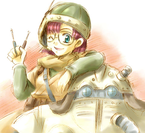 lucca ashtear, robo (chrono trigger), chrono (series), chrono trigger, lowres, 1990s (style), blue eyes, helmet, purple hair, short hair, tools, wink