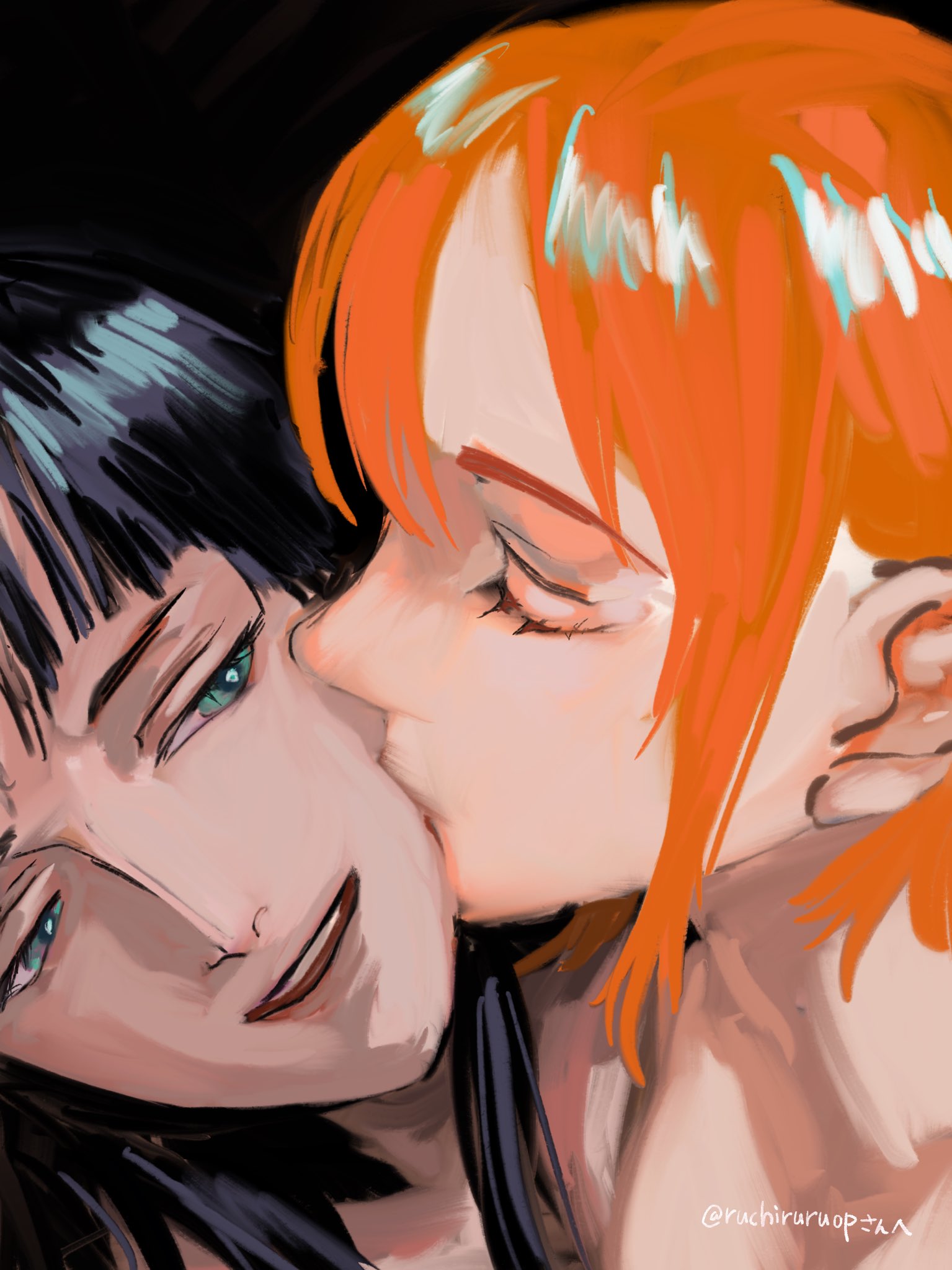 hisarakanoi, nami (one piece), nico robin, one piece, commentary request, highres, 2girls, black background, black hair, blue eyes, close-up, closed eyes, hair behind ear, kiss, kissing cheek, medium hair, multiple girls, orange hair, short hair, smile, teeth, upper teeth only