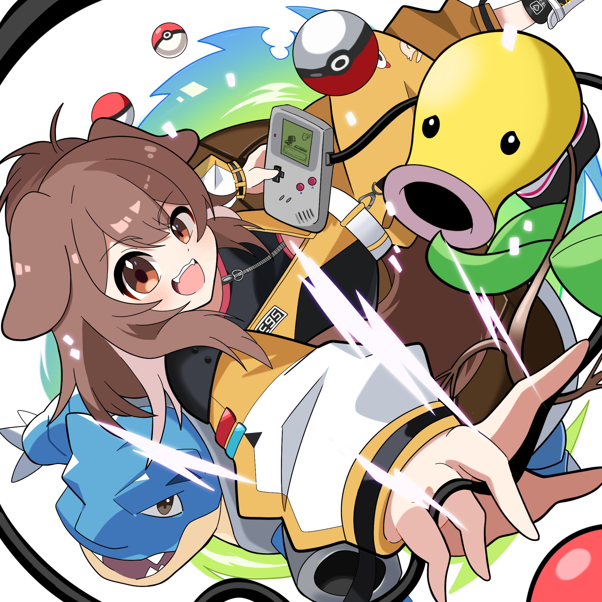 bellsprout, blastoise, inugami korone, hololive, nintendo, pokemon, commentary request, highres, 1girl, alternate costume, animal ears, belt, black sports bra, blush, brown eyes, brown hair, dog ears, dog girl, dog tail, feet out of frame, from side, game boy, gen 1 pokemon, handheld game console, jacket, light particles, lightning bolt symbol, long sleeves, looking at viewer, open mouth, outstretched hand, pants, poke ball, pokemon (creature), single shoulder pad, solo, sports bra, tail, teeth, tsumiki draw (576349), turning head, upper teeth only, yellow jacket, yellow pants, zipper
