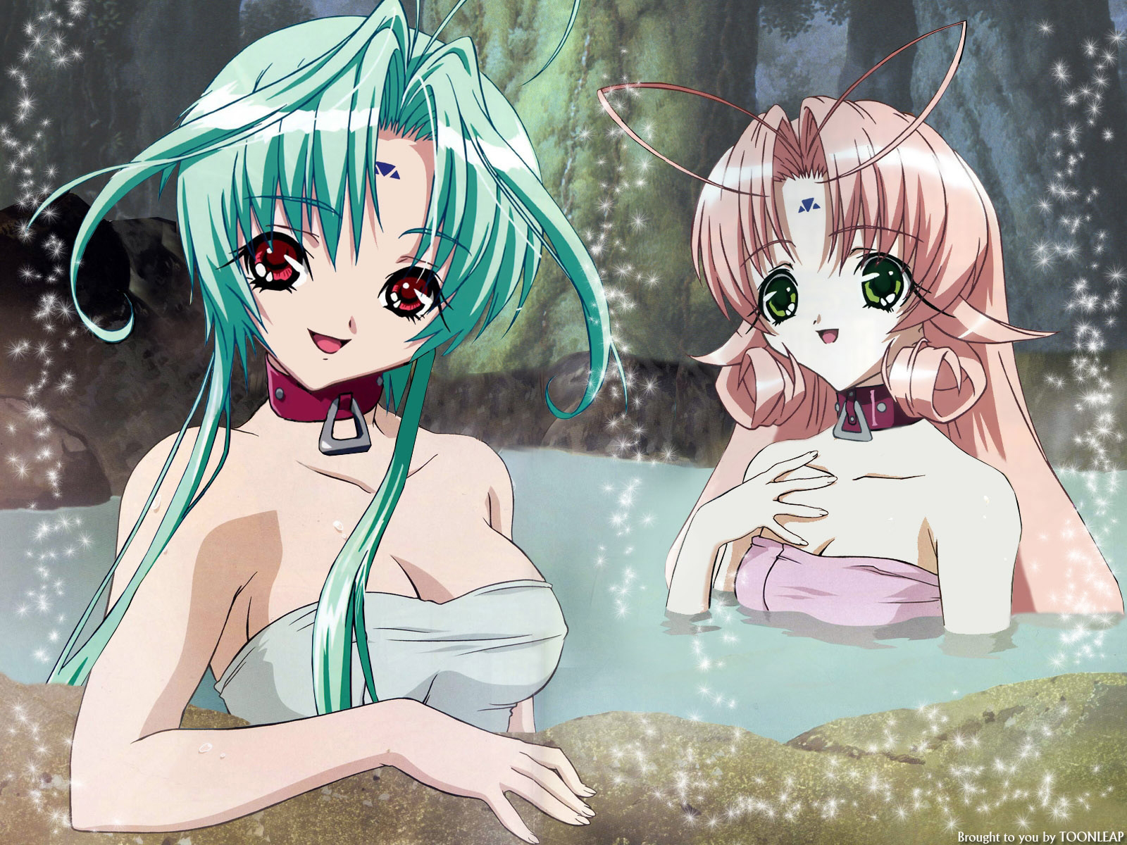 peach-pit, miu, miu (dears), ren (dears), dears, highres, 00s, 2girls, collar, green eyes, green hair, long hair, multiple girls, onsen, pink hair, red eyes