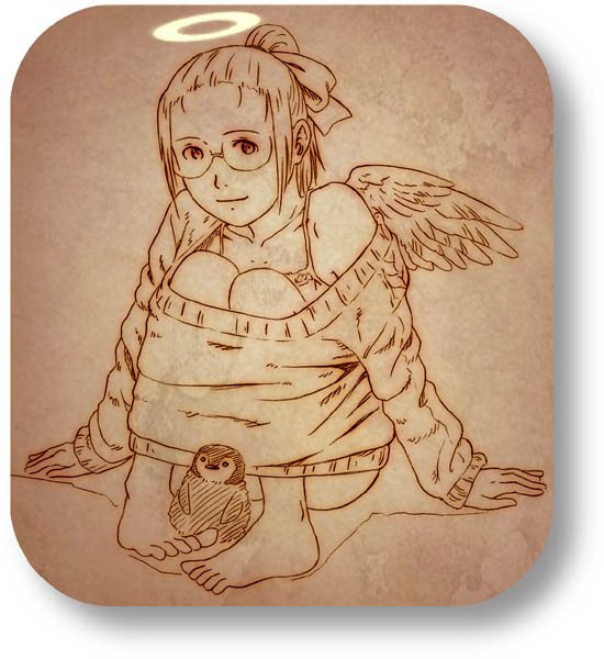 aaru sentou shuudan, hikari (haibane), haibane renmei, 00s, 1girl, barefoot, bird, bow, brown theme, female focus, glasses, hair bow, halo, long hair, monochrome, penguin, rounded corners, sitting, solo, sweater, traditional halo, wings