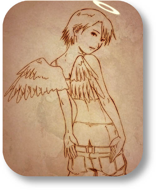 aaru sentou shuudan, kana, kana (haibane), haibane renmei, 00s, 1girl, bra, brown theme, denim, female focus, halo, jeans, lingerie, monochrome, panties, pants, rounded corners, short hair, solo, traditional halo, underwear, undressing, wings