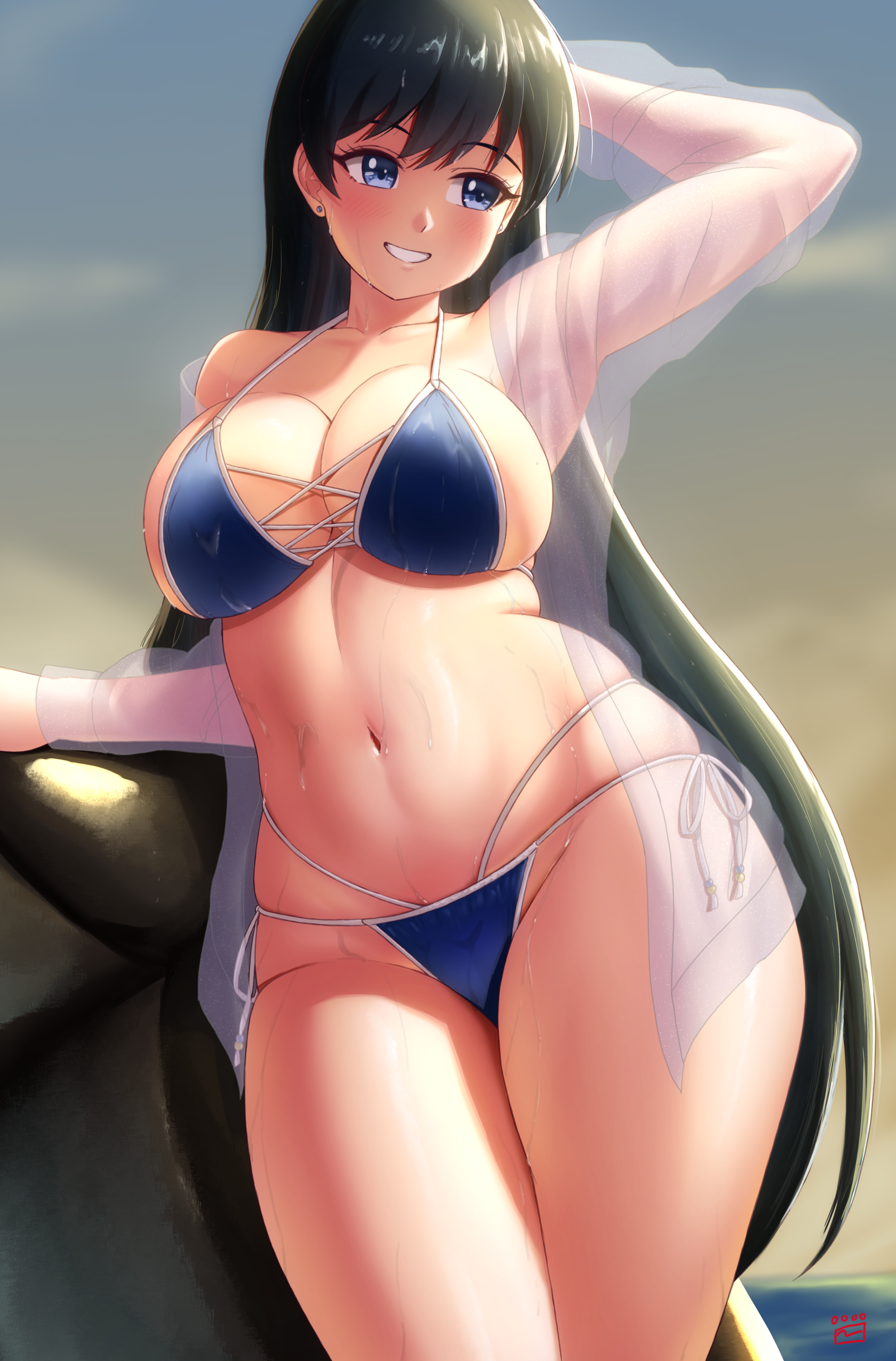 finalcake, arato nagi, ruri no houseki, absurdres, commentary request, highres, arm behind back, arm up, bikini, black hair, blue bikini, blue eyes, blush, breasts, cleavage, clenched teeth, collarbone, earrings, groin, horizon, jewelry, large breasts, long hair, looking to the side, micro bikini, multi-strapped bikini bottom, navel, outdoors, rock, side-tie bikini bottom, signature, sky, standing, string bikini, swimsuit, teeth, thighs