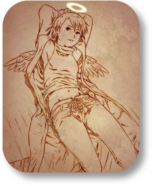 aaru sentou shuudan, kana, kana (haibane), haibane renmei, 00s, 1girl, brown theme, coat, denim, female focus, halo, jeans, lying, midriff, monochrome, navel, pants, rounded corners, short hair, sleeveless, sleeveless turtleneck, solo, traditional halo, turtleneck, wings
