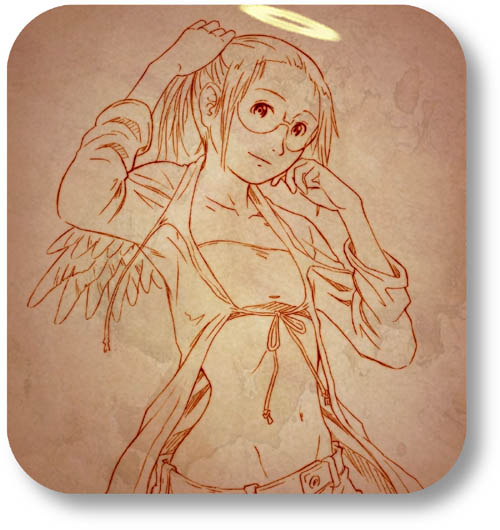 aaru sentou shuudan, hikari (haibane), haibane renmei, 00s, 1girl, brown theme, female focus, glasses, halo, long hair, midriff, monochrome, navel, orange theme, ponytail, rounded corners, solo, traditional halo, wings