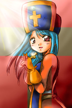 priest (dq3), chunsoft, dragon quest, dragon quest iii, enix, square enix, lowres, 1girl, blue hair, female focus, gloves, hat, long hair, mitre, solo, tabard
