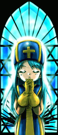 priest (dq3), chunsoft, dragon quest, dragon quest iii, enix, lowres, 1girl, blue hair, female focus, gloves, hat, long hair, mitre, solo