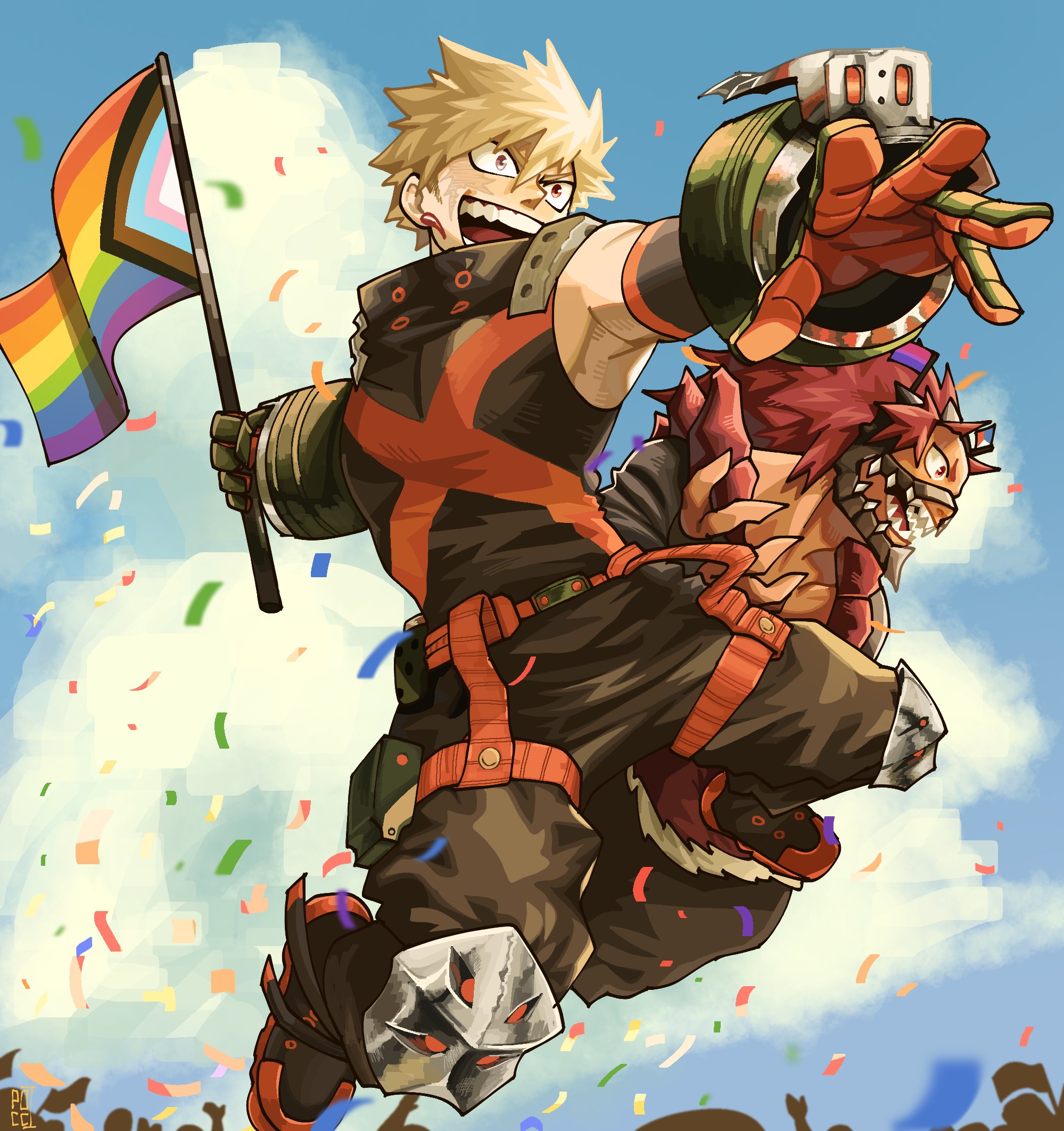 bakugou katsuki, kirishima eijiro, boku no hero academia, commentary, english commentary, highres, 2boys, armpits, bisexual flag, blonde hair, blue sky, cloud, cloudy sky, collarbone, earrings, fangs, flag, full body, gloves, happy, holding, holding flag, jewelry, lgbt pride, male focus, multiple boys, open mouth, philippine flag, pocci q, progress pride flag, rainbow flag, red hair, sharp teeth, short hair, signature, sky, sleeveless, smile, spiked hair, superhero costume, teeth