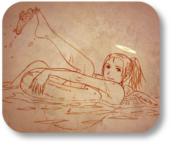 aaru sentou shuudan, hikari (haibane), haibane renmei, 00s, 1girl, afloat, barefoot, brown theme, female focus, halo, innertube, long hair, monochrome, nude, nudist, ponytail, rounded corners, sandals, skinny dipping, solo, swim ring, swimming, traditional halo, water, wet, wings, zenra