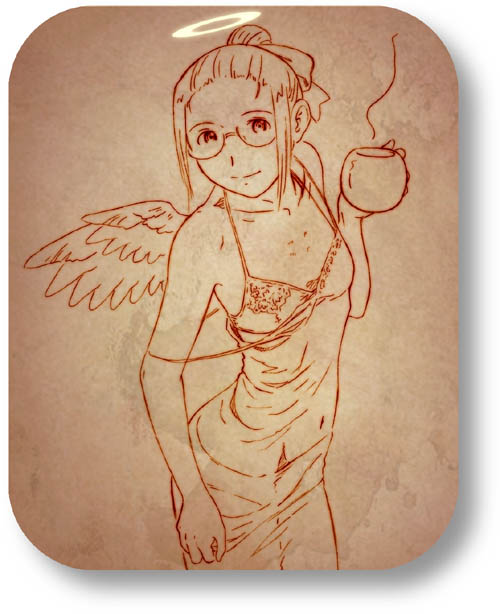 aaru sentou shuudan, hikari (haibane), haibane renmei, 00s, 1girl, bow, bra, coffee, female focus, glasses, hair bow, halo, lingerie, monochrome, orange theme, ponytail, rounded corners, see-through clothes, solo, traditional halo, underwear, wings