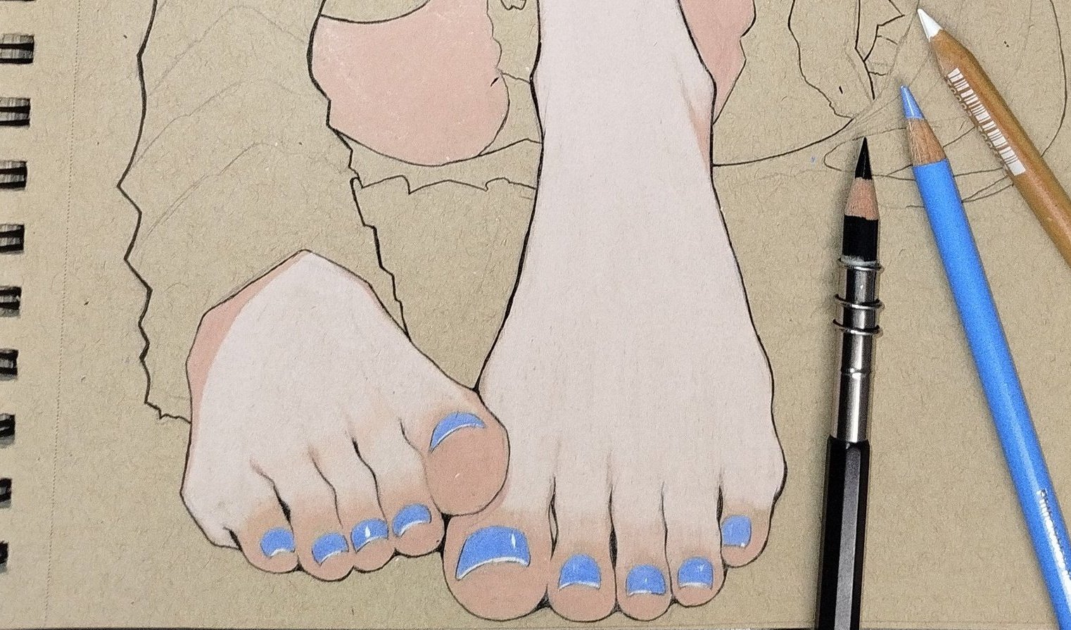 ashwin artss, original, commentary, english commentary, photo (medium), traditional media, unfinished, 1girl, barefoot, blue nails, close-up, feet, foot focus, foreshortening, knees up, nail polish, no shoes, pencil, sketch, solo, toeless legwear, toenail polish, toenails, toes