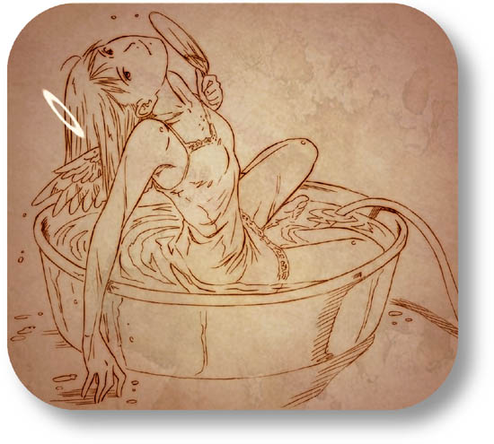 aaru sentou shuudan, reki (haibane), haibane renmei, 00s, 1girl, barefoot, basin, bath, brown theme, dress, female focus, hand fan, hose, long hair, looking up, monochrome, nightgown, paper fan, rounded corners, solo, strap slip, uchiwa, wading, water, wet, wings
