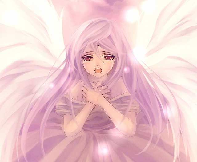 yukise miyu, tagme, feathers, purple hair, red eyes, solo, tears, wings