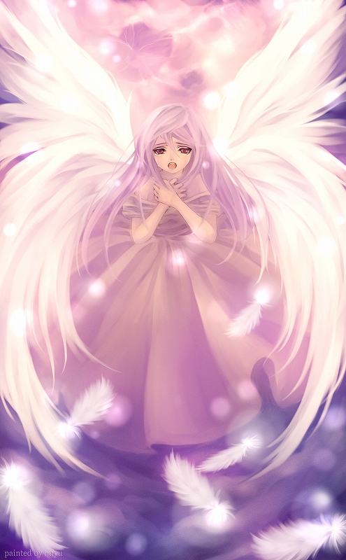 yukise miyu, tagme, feathers, purple hair, red eyes, solo, tears, wings