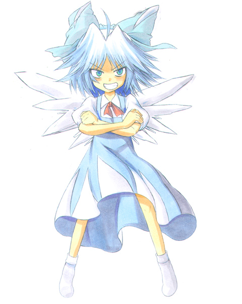 kiku hitomoji, tora tooru, cirno, touhou, 1girl, ahoge, bow, dress, female focus, full body, grin, legs apart, pinafore dress, simple background, sleeveless, sleeveless dress, smile, socks, solo, standing, v-shaped eyebrows, white background, white socks