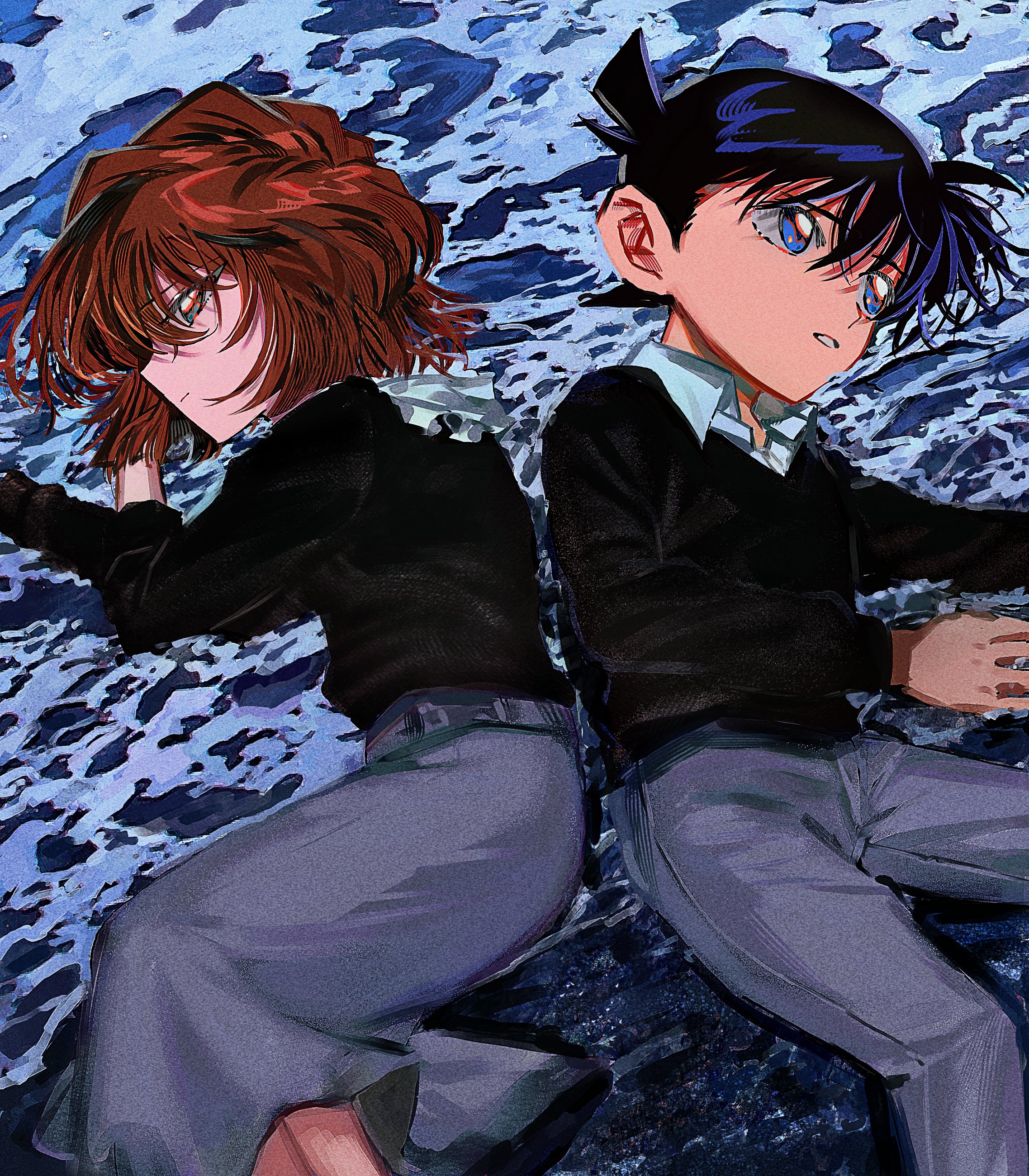 segami, edogawa conan, haibara ai, meitantei conan, absurdres, highres, 1boy, 1girl, back-to-back, beach, black hair, blue eyes, brown hair, closed mouth, collared shirt, grey pants, grey skirt, hair between eyes, long skirt, long sleeves, no eyewear, pants, shirt, short hair, skirt, water