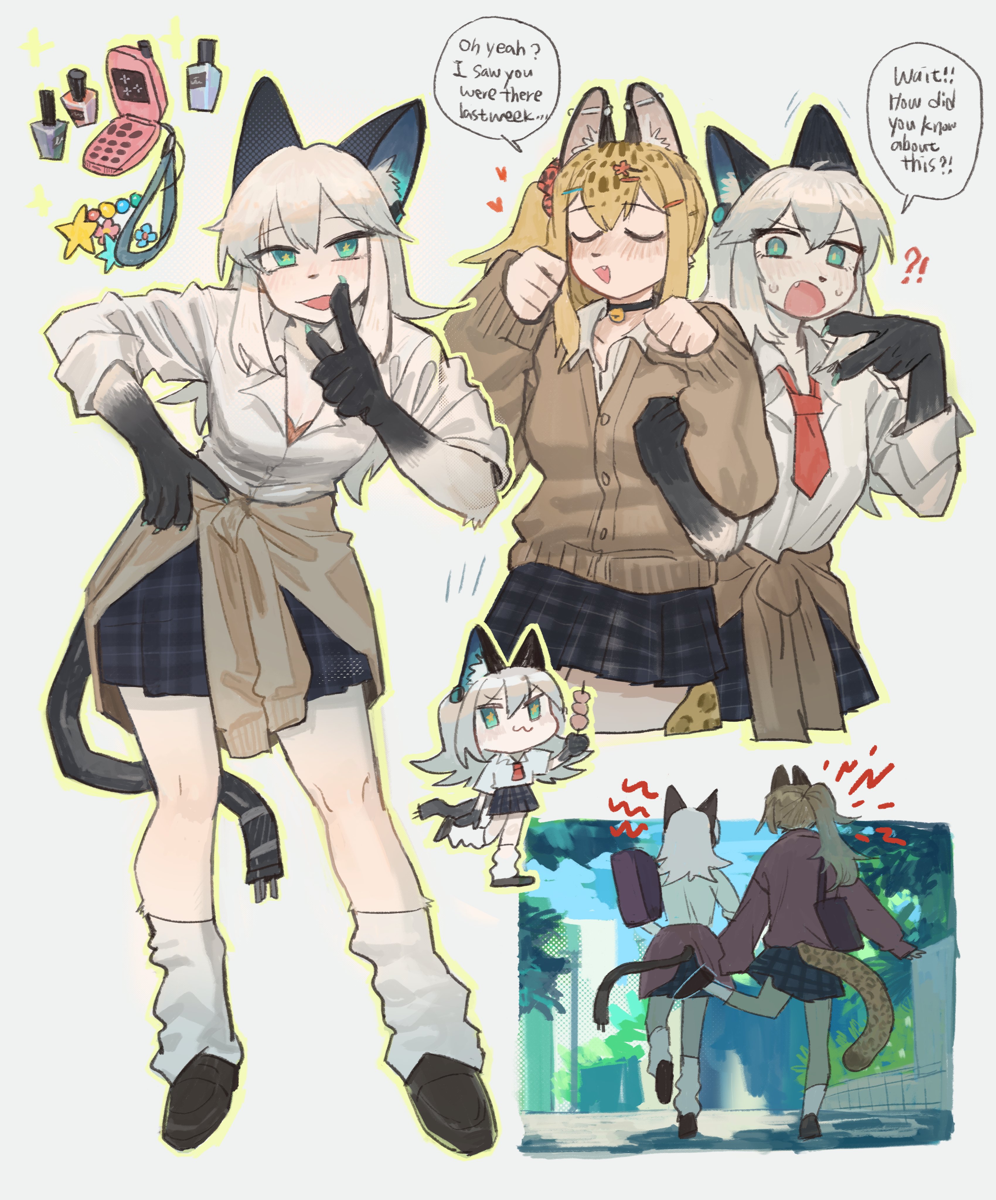 akiko (vakiko6), digitan (porforever), original, absurdres, highres, animal ears, blonde hair, borrowed character, cardigan, cat ears, cat girl, cat tail, clothes around waist, green eyes, gyaru, hair between eyes, kogal, leopard ears, leopard girl, leopard tail, long hair, meme, plaid clothes, plaid skirt, pleated skirt, school uniform, sidelocks, simple background, skirt, tail, white background, white hair
