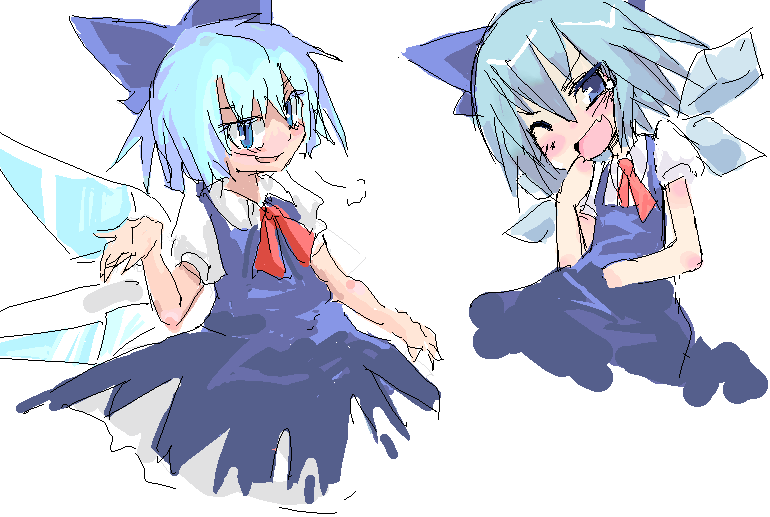 cirno, touhou, 1girl, :d, ;d, blue dress, blue eyes, blue hair, blush, bow, bowtie, breath, crystal, dress, fairy, female focus, ice, ice wings, looking at viewer, one eye closed, open mouth, red bow, red bowtie, simple background, smile, white background, wings