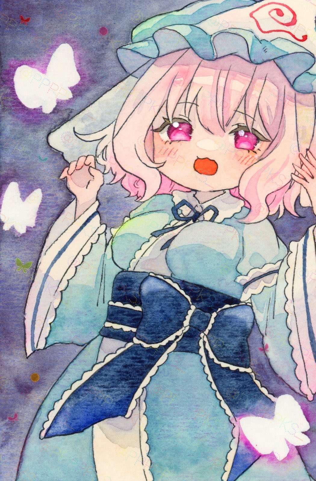 pppppks, saigyouji yuyuko, touhou, highres, aqua kimono, blue sash, hat, japanese clothes, kimono, long sleeves, medium hair, mob cap, open mouth, pink eyes, pink hair, sash, triangular headpiece, wide sleeves