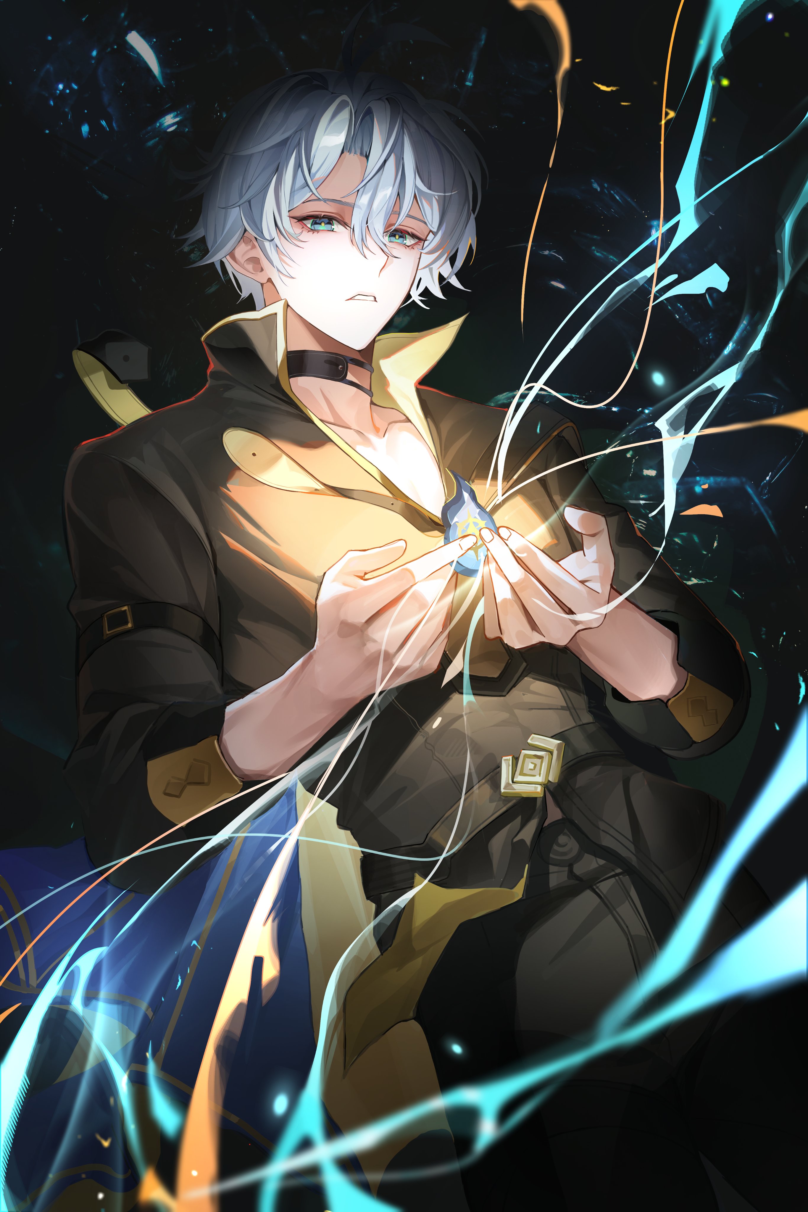 pabiko, phainon (honkai: star rail), honkai: star rail, honkai (series), absurdres, highres, 1boy, antenna hair, belt, black belt, black choker, black pants, black shirt, blue eyes, choker, crossed bangs, energy, grey hair, male focus, open clothes, open shirt, pants, parted bangs, shirt, short hair, solo, yellow pupils