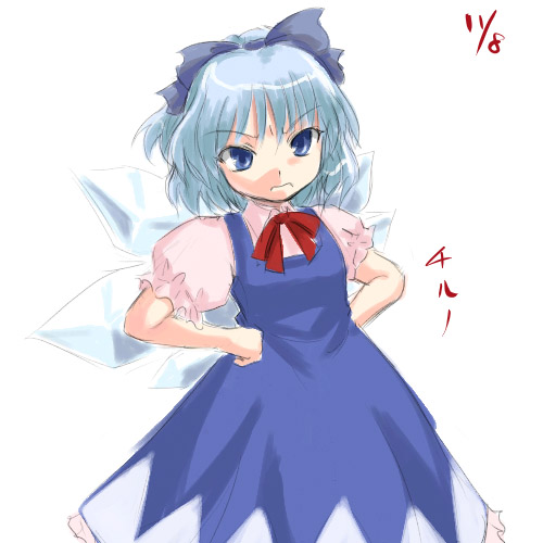 cirno, embodiment of scarlet devil, touhou, lowres, 1girl, blouse, bow, character name, cowboy shot, dress, female focus, hands on own hips, pinafore dress, pink shirt, shirt, simple background, sleeveless, sleeveless dress, solo, white background
