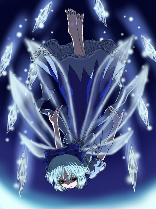 cirno, embodiment of scarlet devil, touhou, 1girl, barefoot, blue hair, dress, female focus, flying, full body, gradient background, solo, wings