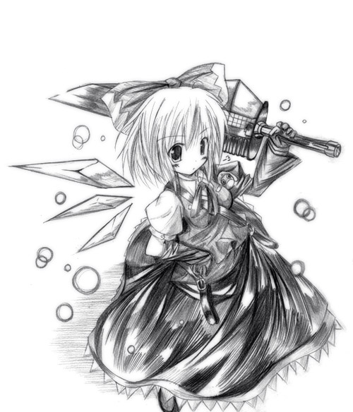cirno, advent cirno, touhou, 1girl, bow, female focus, greyscale, monochrome, simple background, solo, white background