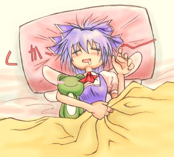 cirno, embodiment of scarlet devil, touhou, 1girl, doll, female focus, from above, head on pillow, pillow, saliva, sleeping, solo, under covers, upper body