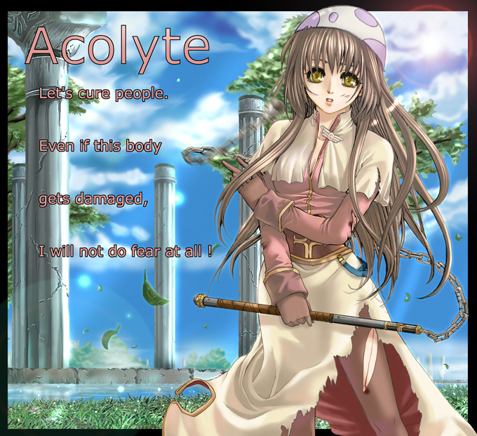 acolyte (ragnarok online), ragnarok online, bad id, 1girl, 2000s (style), ball and chain (weapon), black border, blue sky, border, breasts, brown gloves, brown hair, brown pantyhose, capelet, character name, cloud, column, cowboy shot, day, eggshell hat, english text, engrish text, gloves, grass, leaf, lens flare, long hair, long sleeves, looking at viewer, medium breasts, murasame ryouya, outdoors, outside border, pantyhose, parted lips, pillar, pink shirt, ranguage, ruins, shirt, skirt, sky, solo, torn capelet, torn clothes, torn pantyhose, torn skirt, weapon, white capelet, white skirt, yellow eyes