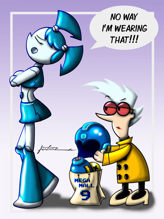 furboz, jenny wakeman, mega man (character), nora wakeman, mega man (classic), mega man (series), my life as a teenage robot, commentary, deviantart sample, english commentary, image sample, 2008, 2girls, arm cannon, blue helmet, closed eyes, closed mouth, crossover, english text, glasses, height difference, helmet, high heels, holding, holding unworn helmet, mother and daughter, multiple girls, open mouth, robot, robot girl, signature, spanish commentary, speech bubble, standing, unworn headwear, unworn helmet, weapon