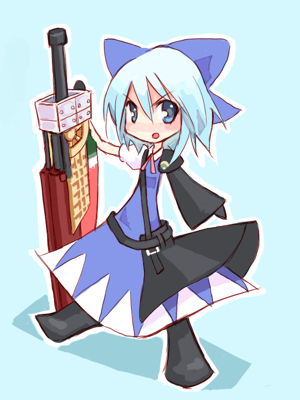cirno, advent cirno, touhou, 1girl, blue eyes, blue hair, chibi, dress, female focus, full body, matching hair/eyes, simple background, solo, sword, weapon