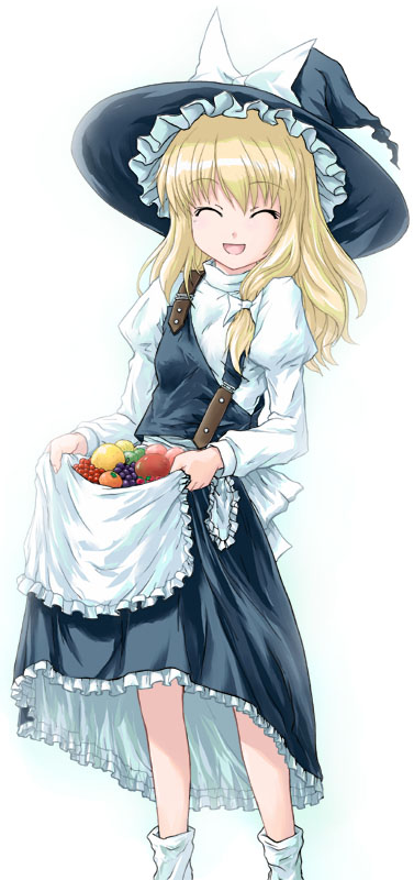tsuyadashi shuuji, kirisame marisa, touhou, 1girl, ^ ^, apple, black hat, blouse, closed eyes, female focus, food, fruit, grapes, hat, orange (fruit), plant, shirt, simple background, skirt, skirt basket, skirt hold, smile, socks, solo, standing, white background, white shirt, white socks, witch, witch hat