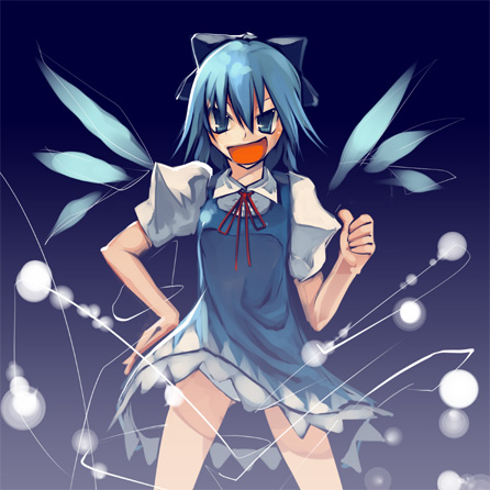cirno, embodiment of scarlet devil, touhou, lowres, 1girl, female focus, hand on own hip, smile, solo