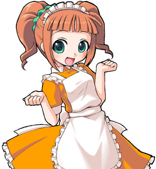 manjiduka, takatsuki yayoi, idolmaster, idolmaster (classic), idolmaster 1, bad id, bad pixiv id, 00s, 1girl, female focus, green eyes, happy, maid, open mouth, orange hair, solo, twintails