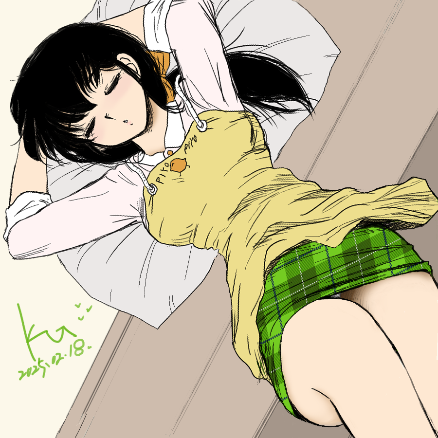 jian yin, otonashi kyouko, maison ikkoku, arms behind head, black hair, bow, closed eyes, collared shirt, green skirt, hair bow, long legs, lying, on back, on bed, pillow, piyo piyo apron, plaid clothes, plaid skirt, ponytail, shirt, skirt, sleeves rolled up