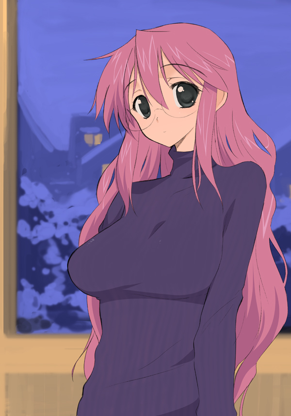 kusaka souji, takara miyuki, lucky star, 00s, glasses, pink hair, purple eyes, solo, sweater