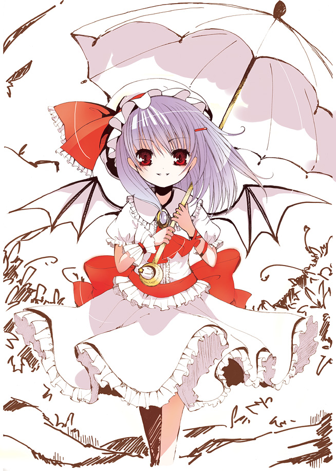 catbell, remilia scarlet, touhou, 1girl, blouse, female focus, hat, mob cap, nature, outdoors, partially colored, plant, shirt, skirt, solo, standing, umbrella, white background, white shirt, wings
