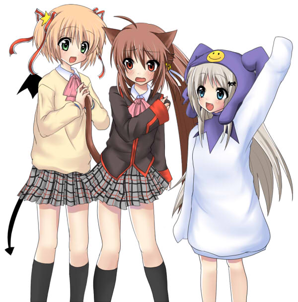 masayu, jack frost (megami tensei), kamikita komari, natsume rin, noumi kudryavka, little busters!, silver hair, 3girls, animal ears, bat wings, blue eyes, blush, bow, brown hair, cat ears, cat tail, cosplay, costume, demon tail, green eyes, hair ribbon, long hair, multiple girls, orange hair, pink bow, plaid clothes, plaid skirt, red eyes, ribbon, school uniform, serafuku, short hair, skirt, tail, wings