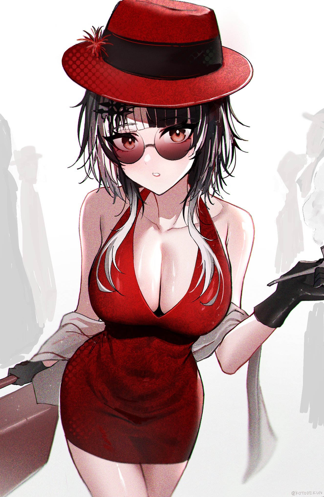 kotodekun, shiori novella, hololive, hololive english, commentary, english commentary, highres, 1girl, alternate costume, bare shoulders, black gloves, black hair, blunt bangs, breasts, cleavage, cowboy shot, dress, fedora, gloves, grey hair, hair ornament, hat, holding, holding smoking pipe, large breasts, long hair, looking at viewer, multicolored hair, parted lips, red-tinted eyewear, red dress, red hat, shiny skin, short dress, smoking, smoking pipe, solo, split-color hair, standing, sunglasses, tinted eyewear, two-tone hair, virtual youtuber