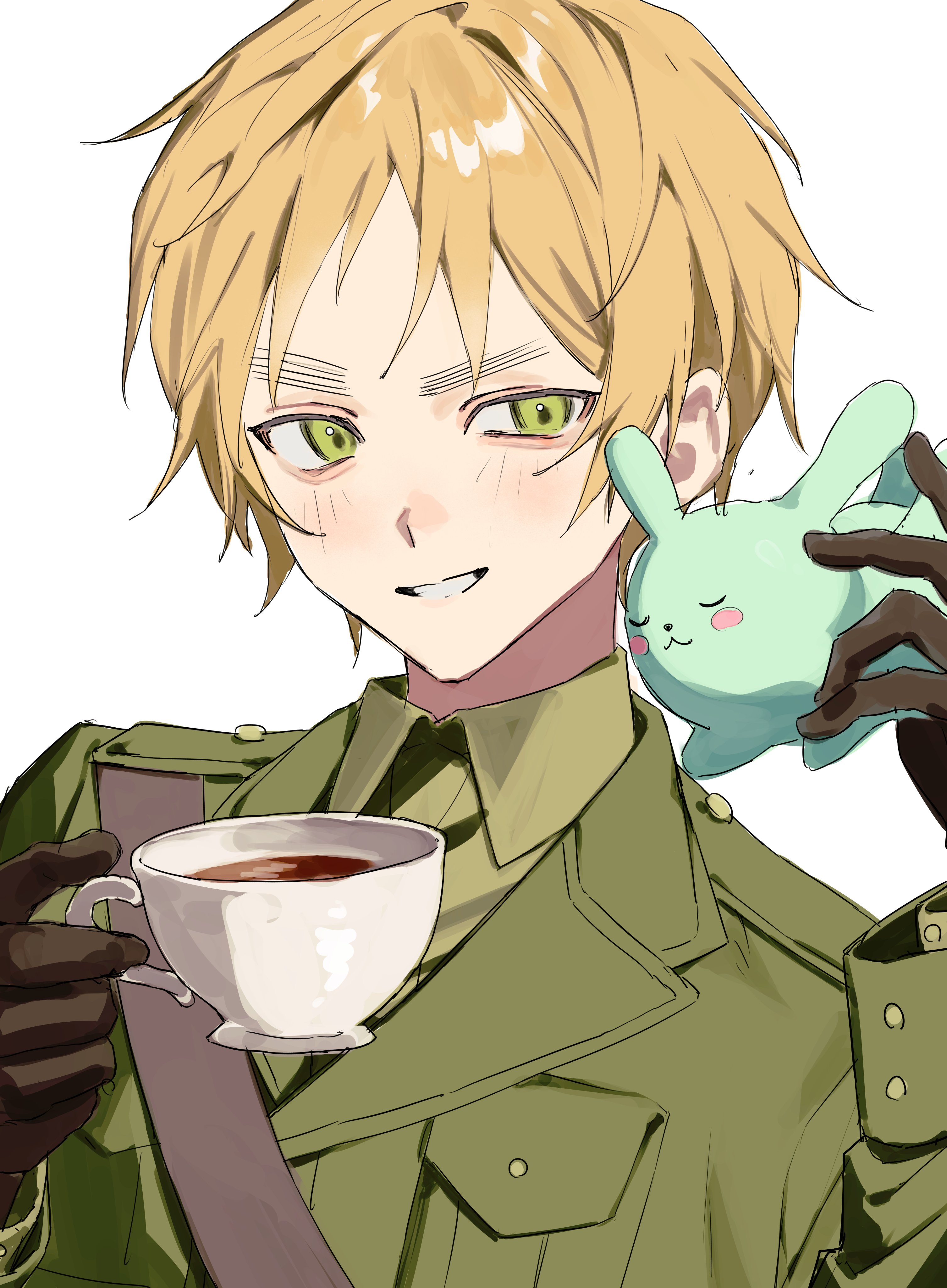 333takoyaki, united kingdom (hetalia), axis powers hetalia, absurdres, commentary request, highres, 1boy, animal, black gloves, blonde hair, blush, closed eyes, collared shirt, cup, gloves, green eyes, green jacket, green shirt, grin, holding, holding cup, jacket, long sleeves, male focus, military, military uniform, rabbit, shirt, simple background, smile, solo, teacup, thick eyebrows, upper body, white background