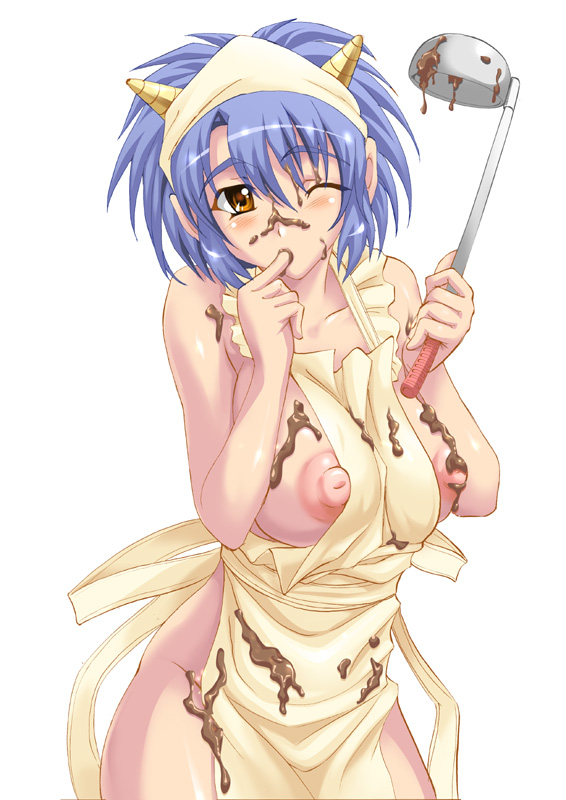 shiruko (inosin), original, apron, blue hair, blue oni, bow, breasts, chocolate, demon girl, horns, huge breasts, ladle, naked apron, nipples, oni, orange eyes, puffy nipples, ribbon, short hair, solo, valentine