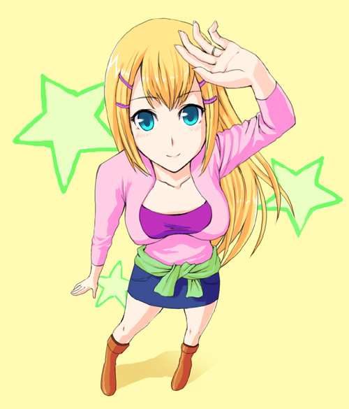 unasaka ryou, louise halevy, gundam, gundam 00, 00s, 1girl, blue skirt, blush, boots, breasts, brown boots, cleavage, clothes around waist, collarbone, female focus, foreshortening, full body, knee boots, large breasts, long sleeves, looking at viewer, miniskirt, simple background, skirt, smile, solo, standing, star (symbol), tareme, yellow background