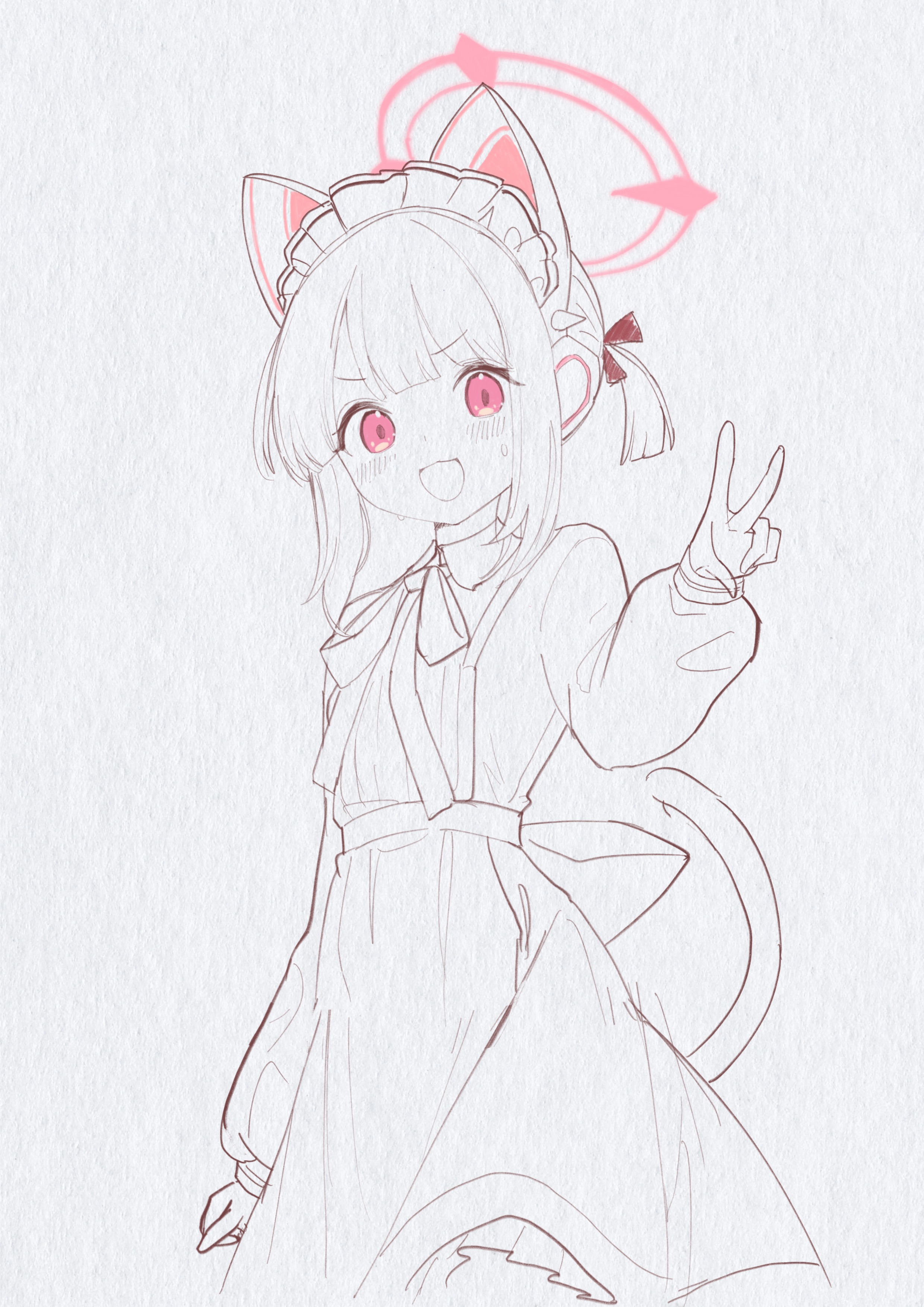 ksi 47, momoi (blue archive), momoi (maid) (blue archive), blue archive, absurdres, chinese commentary, commentary request, highres, 1girl, :d, animal ear headphones, animal ears, apron, arm at side, back bow, blush, bow, bowtie, cat ear headphones, cat ears, cat tail, collared dress, dress, fake animal ears, fake tail, faux traditional media, frilled dress, frills, greyscale, hair bow, halo, hand up, headphones, long sleeves, looking at viewer, maid, maid apron, maid headdress, monochrome, official alternate costume, official alternate hairstyle, open mouth, parted bangs, partially colored, pink eyes, pink halo, puffy long sleeves, puffy sleeves, red bow, short hair, short twintails, sidelocks, smile, solo, sweat, tail, twintails, v, v-shaped eyebrows, white background