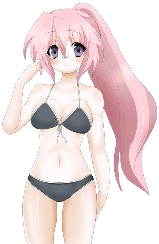 masayu, takara miyuki, lucky star, 00s, 1girl, bikini, black bikini, breasts, cleavage, female focus, glasses, medium breasts, ponytail, solo, swimsuit