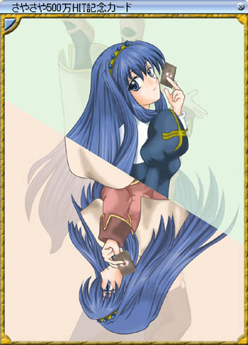 acolyte (ragnarok online), priest (ragnarok online), ragnarok online, bad id, bad source, commentary request, lowres, translation request, 1girl, 2000s (style), before and after, blue dress, brown shirt, capelet, card, card (medium), closed mouth, dress, expressionless, hairband, holding, holding card, juliet sleeves, kaga sayuki, long sleeves, looking at viewer, puffy sleeves, shirt, upper body, white capelet, yellow hairband