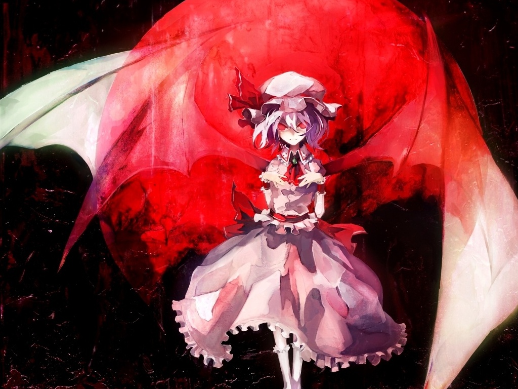 banpai akira, remilia scarlet, touhou, 1girl, bat wings, dark, dress, female focus, frills, hat, moon, purple hair, red eyes, red moon, ribbon, short hair, smile, socks, solo, vampire, wings